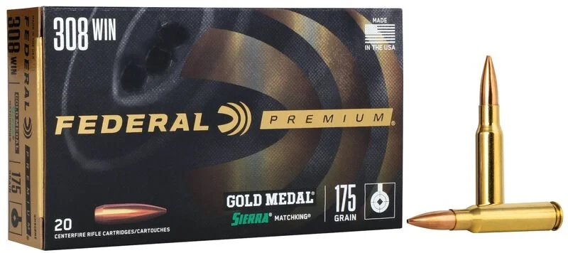 Federal Premium Gold Medal 308 Win 175 Gr Sierra Matchking Boat-Tail Hollow Point Ammunition, 20 Rounds