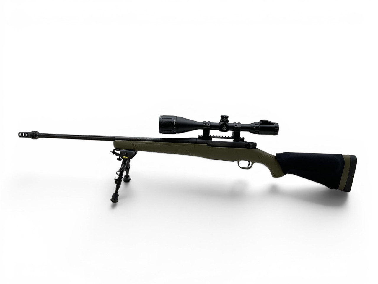 Mossberg Patriot Bolt Action Rifle .308 Win 22" Threaded Fluted Barrel Green Stock W/ UTG 6-24X50 Scope And Bipod