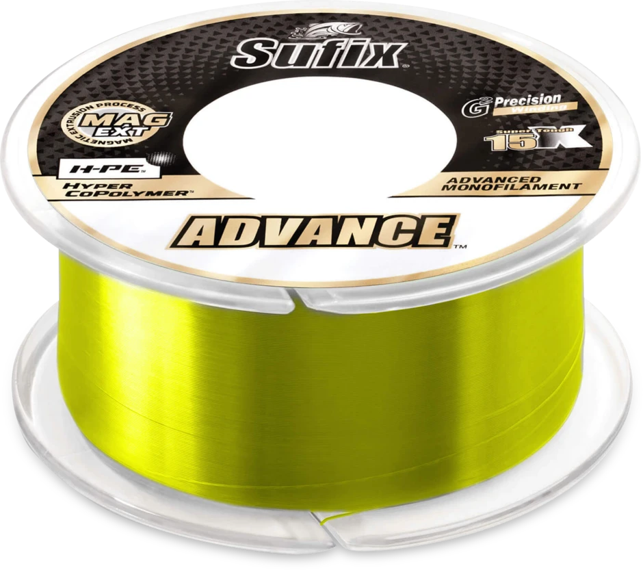 Sufix Advance Monofilament, 12lb, 330yd, Low-Vis Neon Lime