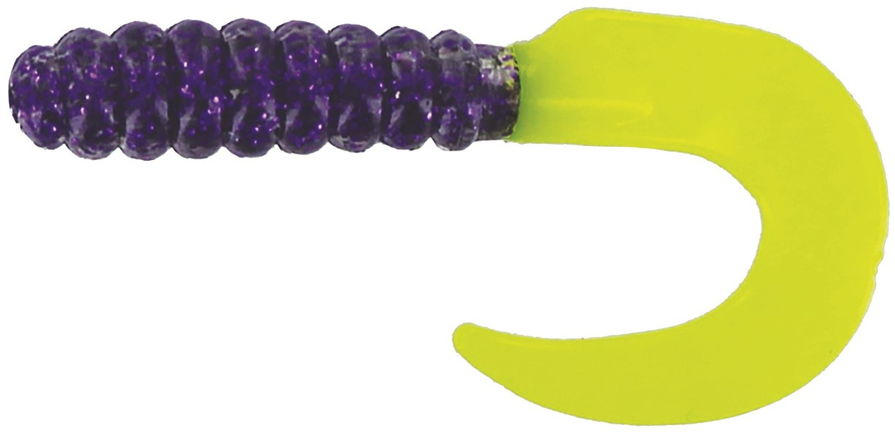 Big Bite Baits 3" Curl Tail Grub, Purple Glitter/ Chartreuse, 10 Pack