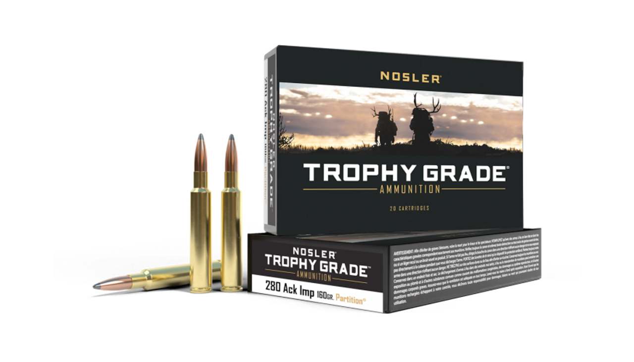 Nosler Trophy Grade Rifle Ammo, 280 Remington Ack. Imp., 160gr Partition, 20 Rnds