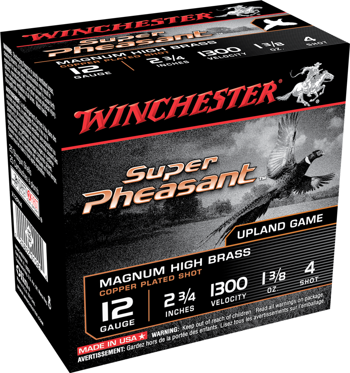 Winchester Super Pheasant Shotshell 12 GA, 2-3/4 in, No. 4, 1-3/8oz, Max Dr, 1300 fps, 25 Rnd per Box