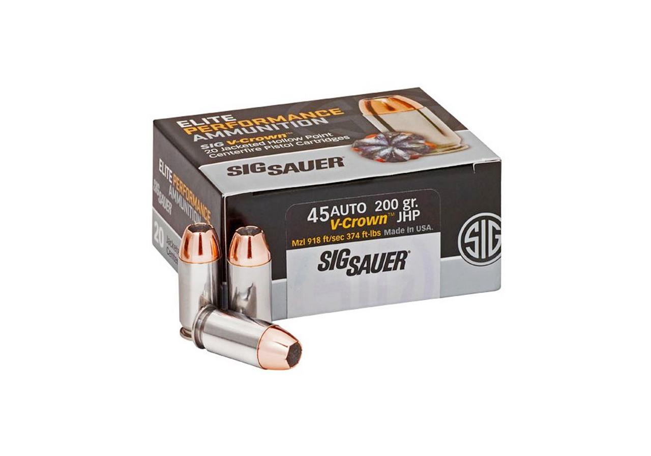 Sig Sauer Elite V-Crown Performance Pistol Ammo 45 ACP, JHP, 200 Gr, 918 fps, 20 Rnds