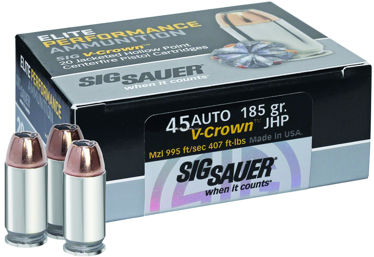 Sig Sauer E45APO-20 Elite V-Crown Performance Pistol Ammo 45 ACP, JHP, 185 Gr, 995 fps, 20 Rnds