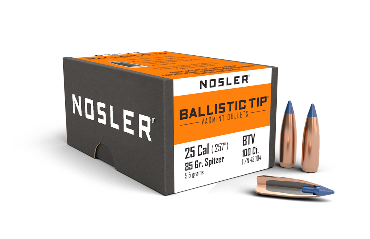 Nosler Rifle Bullets 25Cal, 85Gr Ballistic Tip Varmit Spitzer/Blue Tip (.257), Box of 100