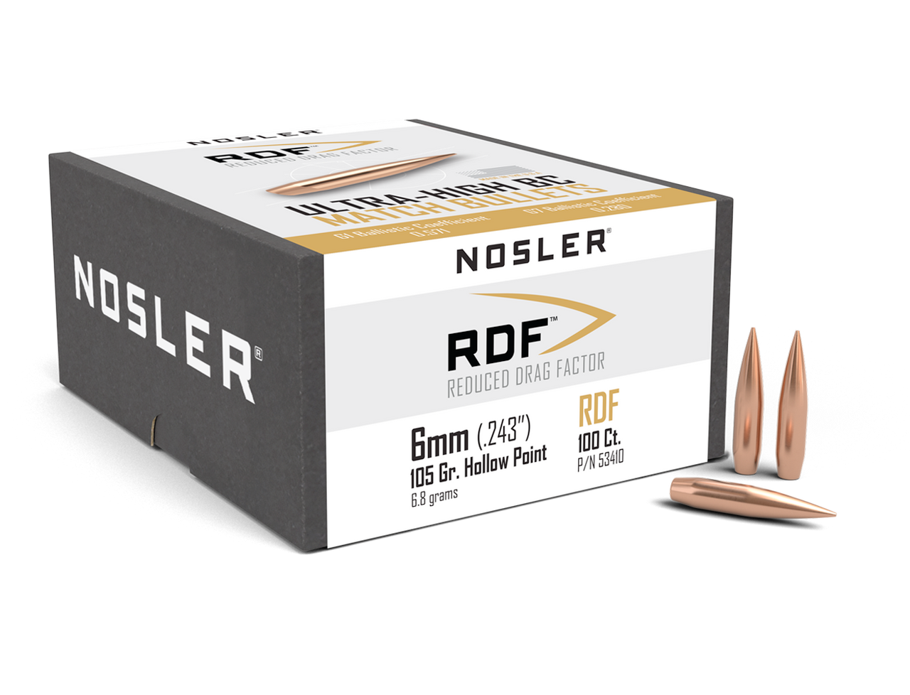 Nosler RDF Reduced Drag Factor Rifle Bullets 6mm, 105gr HPBT Bullets, Box of 100