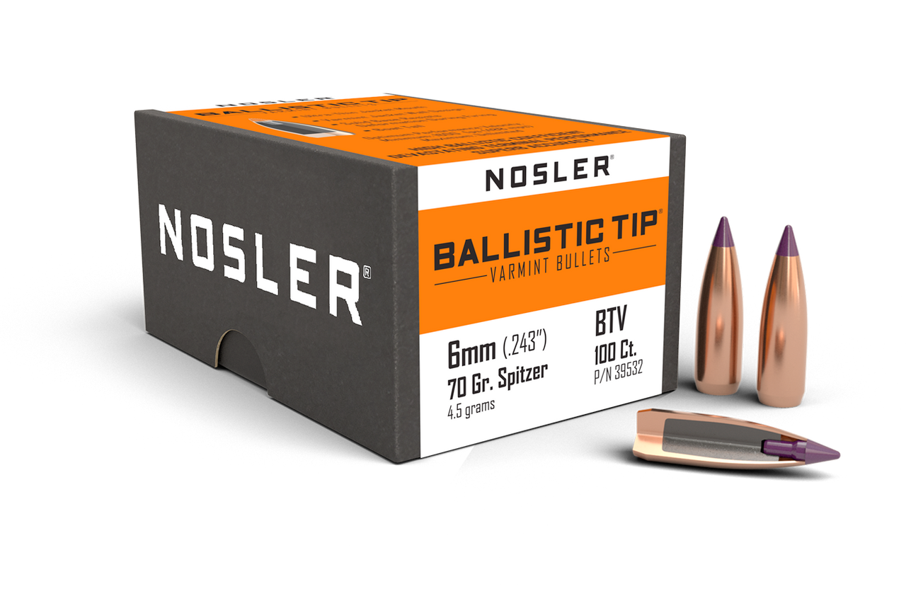 Nosler Rifle Bullets 6mm, 70gr Ballistic Tip Varmit Spitzer/Purple Tip (.243), Box of 100