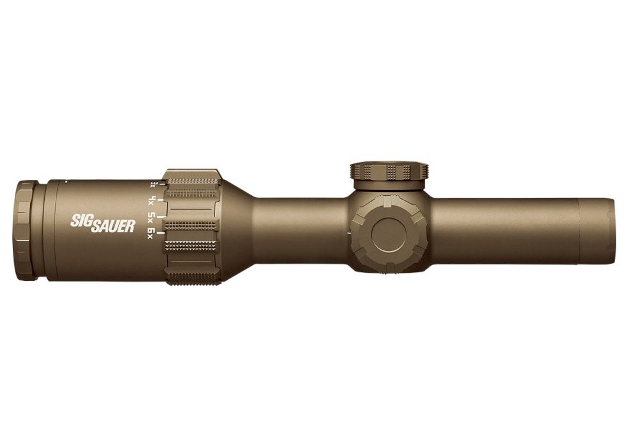 Sig Sauer Tango6T Riflescope, 1-6X24mm, 30mm, Ffp, 556-762 Horseshoe Illum Reticle, 0.2 Mrad, Capped Turret, FDE Color
