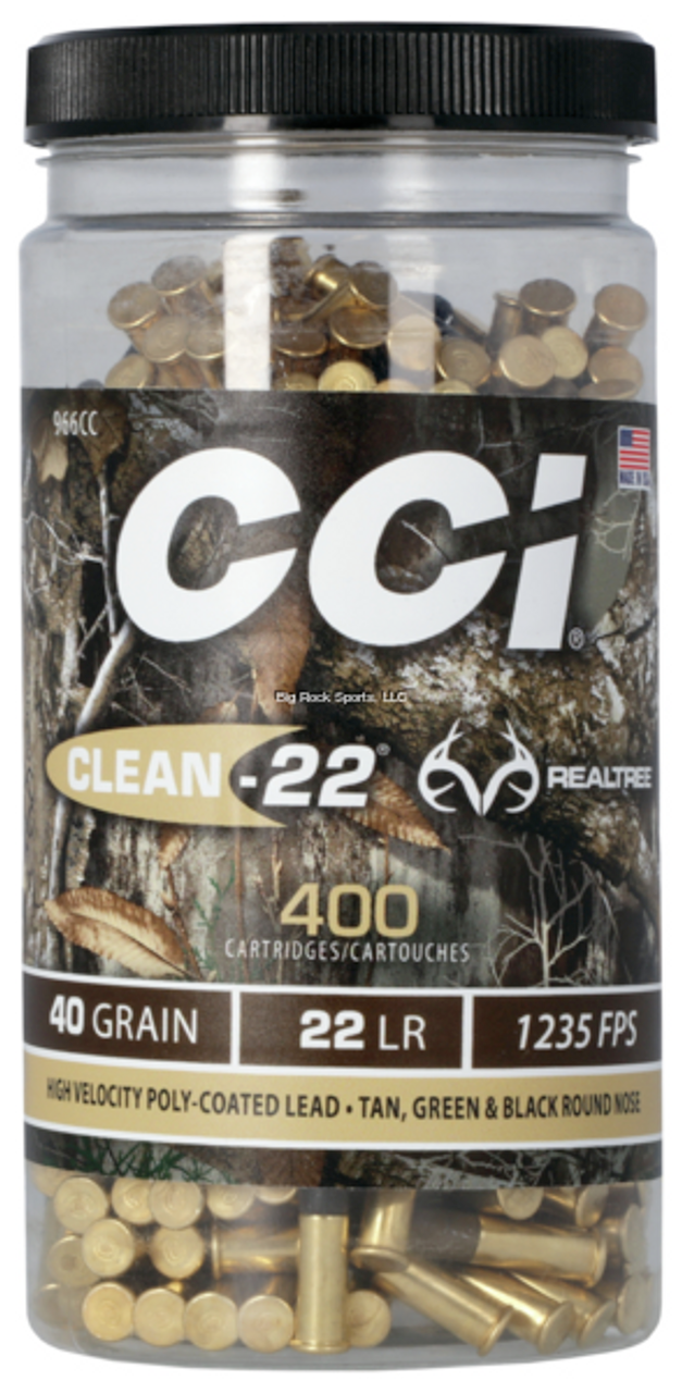 CCI Clean 22 Rimfire Ammo 22 LR Realtree, Polycoated Tan,Grn,Blck LRN, 40 Gr, 1235 fps HV Target, 400 Rnd Bottle