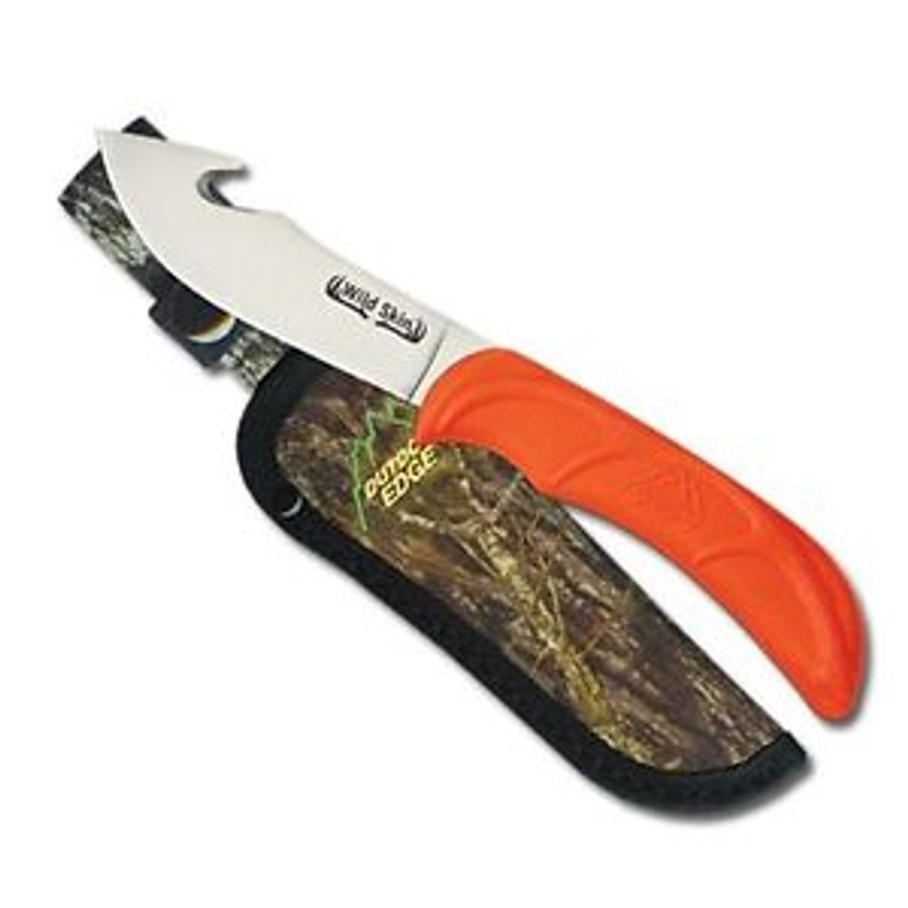 Outdoor Edge Wild-Skin Gut Hook Fixed Blade Skinning Knife, 4" Blade, Orange TPR Handle, Mossy Oak Nylon