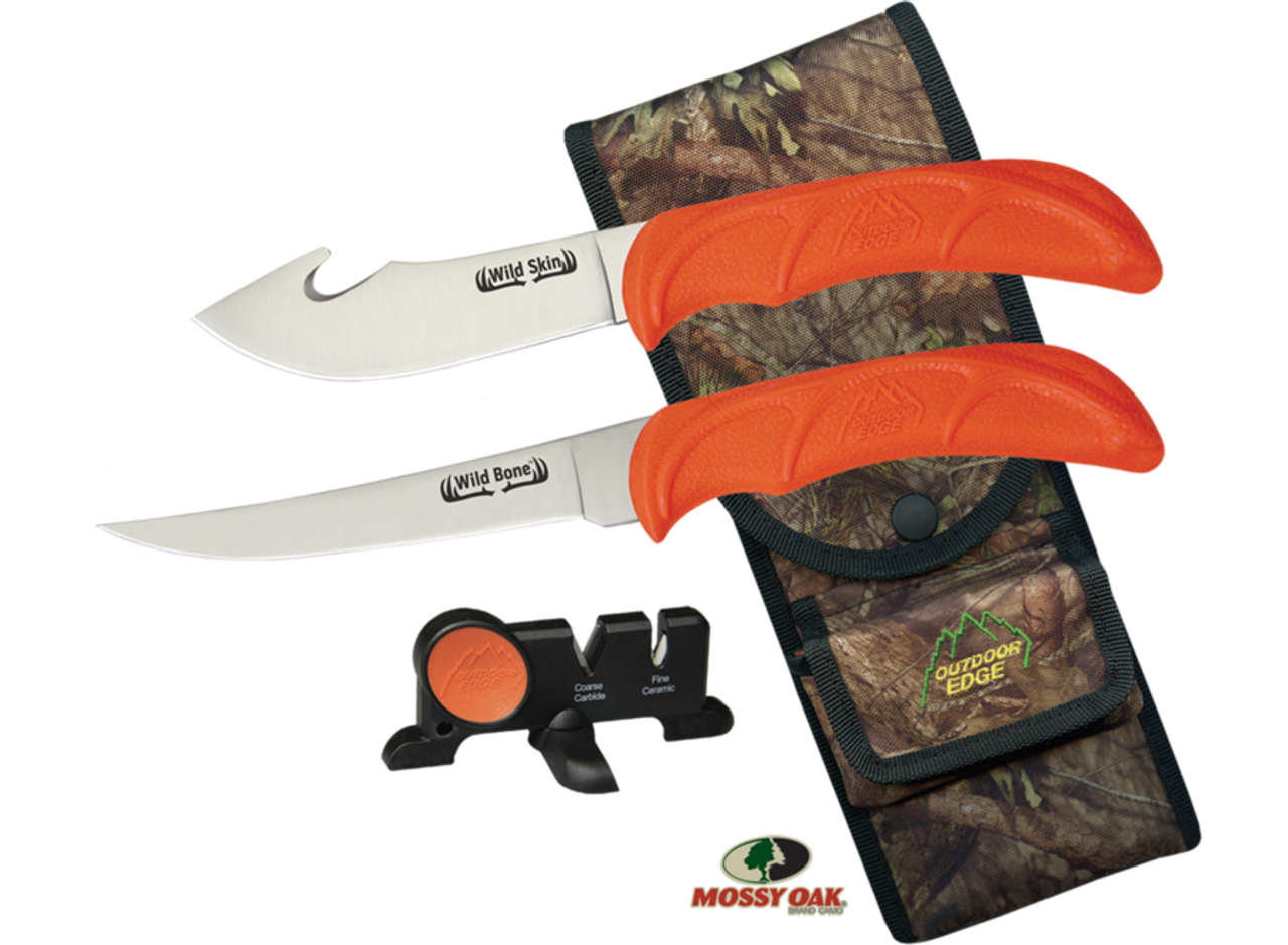 Outdoor Edge Wild-Bone 4" Skinner and 5" Boning Fixed Blade Knives, Orange TPR Handles, Mossy Oak Nylon Sheath