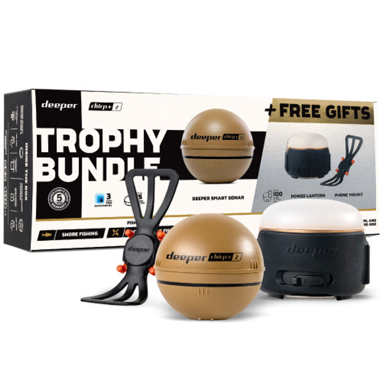 Deeper Trophy Sonar,  Lantern and Smartphone Mount Bundle