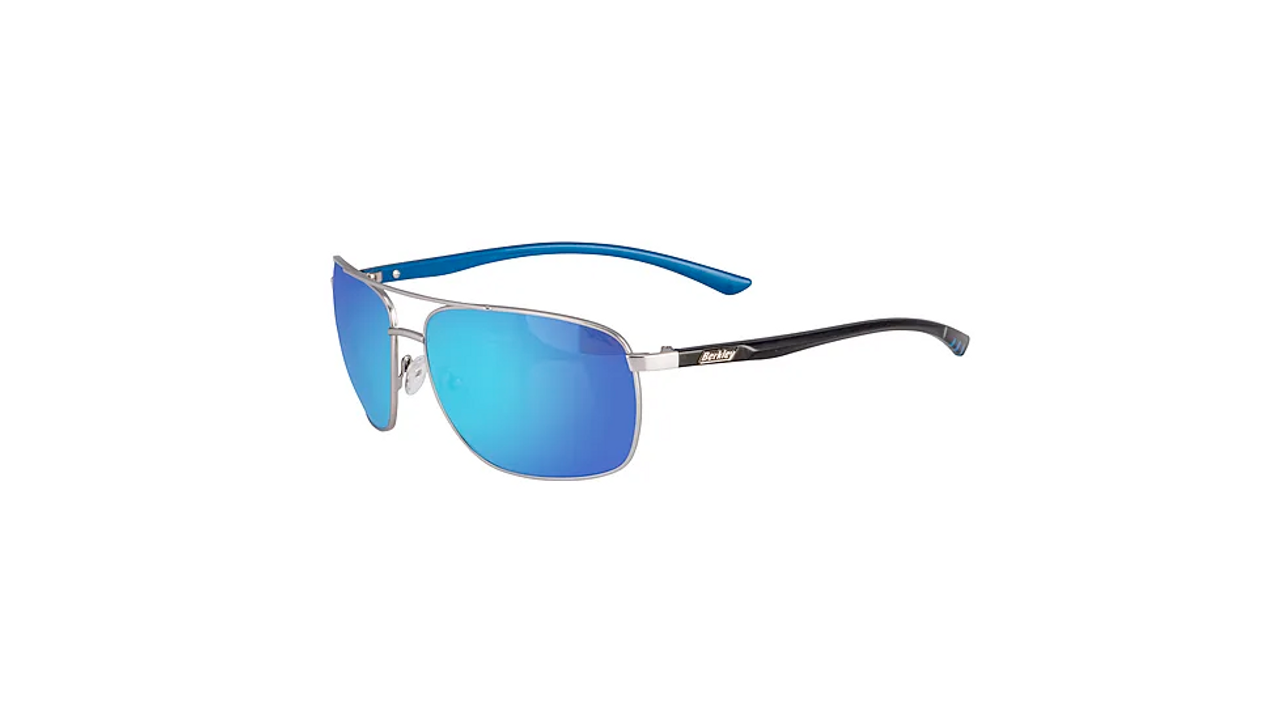Berkley BER002 Sunglasses with Metal Built Frame, Matte Silver Frame/ Blue Mirror Lens, M/L