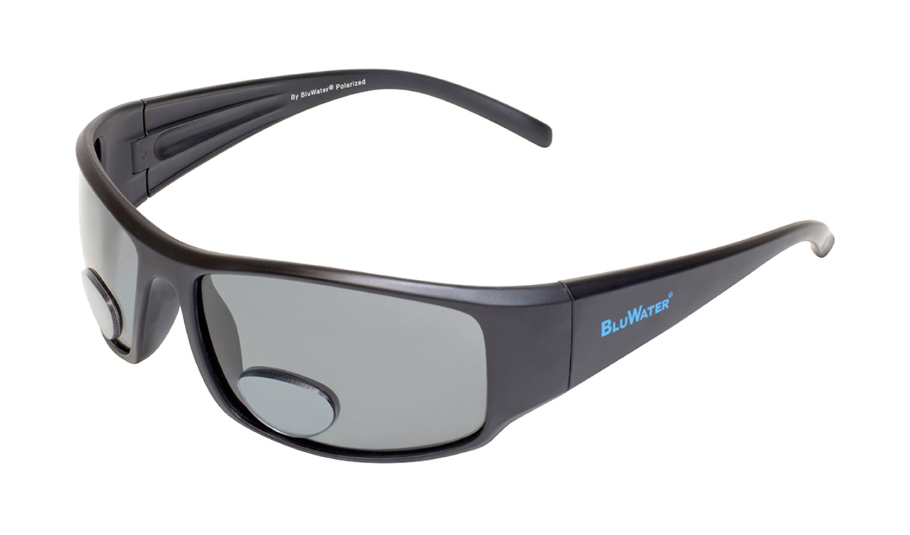 Bluwater Bifocal 1 Polarized Bifocal Sunglasses, 2.5 Magnification, Matte Black Frame/ Gray Lenses