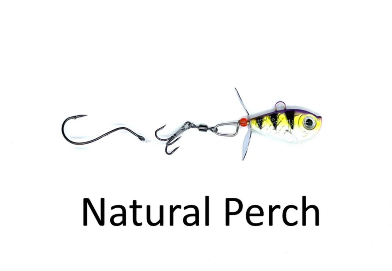 Walleye Nation Creations Death Jig Rigs, 1/4 Oz, Single Prop Blade Jig Rig, 17lb Mono, Treble/Single Hook combo, Natural Perch