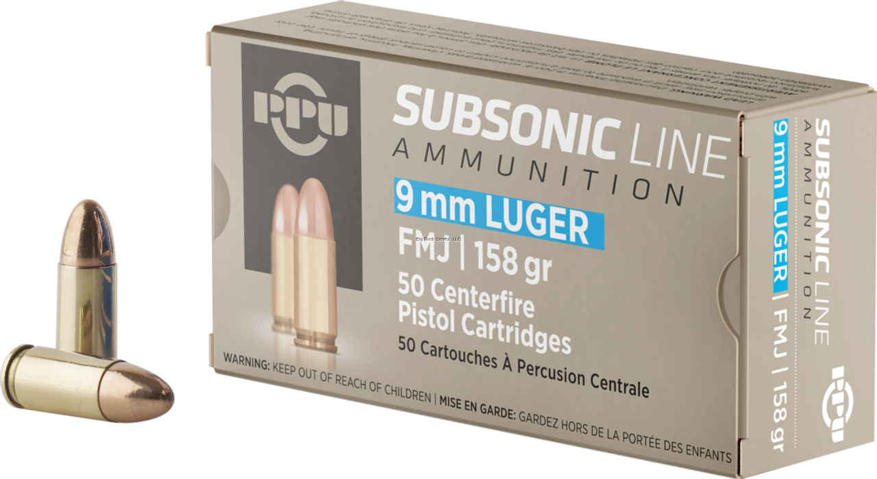 PPU 9mm Luger Subsonic FMJ 158 Gr, 50 Rnds
