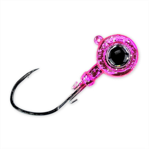 Gamakatsu MaxEye Jig Pill Head, Dual Keepers, 1/2 oz, 2/0 Hook, Chrome Pink, 3pk Gamakatsu MaxEye Jig Pill Head, Dual Keepers, 1/2 oz, 2/0 Hook, Chrome Pink, 3pk