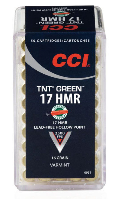 CCI 17 HMR TNT Green 16gr Hollow Point Ammunition, 50 Rounds