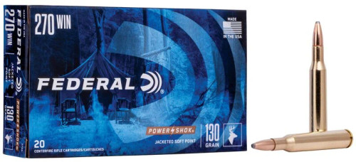 Federal Power-Shok 270 Win 130 Gr Jacketed Soft Point Ammunition, 20 Rounds