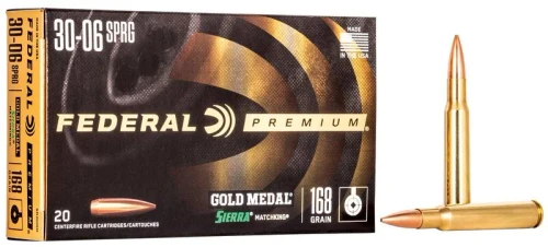 Federal Premium Gold Medal 30-06 SPRG 168 Gr Boat Tail Hollow Point, 20 Rounds