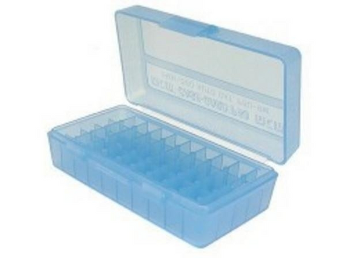 MTM 50 Round Flip Top Ammo Box, 38/357, Clear Blue