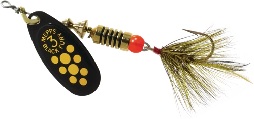 Mepps Black Fury Inline Spinner, #3, 1/4 Oz, Dressed, Single Hook, Black/Yellow Dots