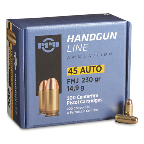 PPU Pistol Ammo 45 ACP FMJ 230gr, 200 Rnds