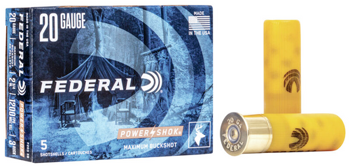 Federal Power-Shok Shotgun Ammo 20 GA, 2-3/4 in, 3B, 20 Pellets, 1200 fps, 5 Rounds, Boxed