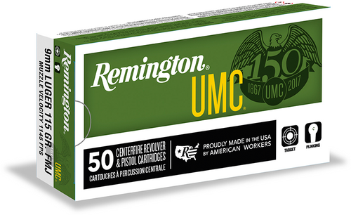 Remington UMC Pistol Ammo 9mm, MC, 115 Gr, 1145 fps, 50 Rnds