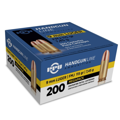 PPU Pistol Ammo 9mm Luger FMJ 115gr, Box Of 200