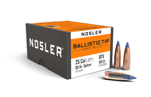 Nosler Rifle Bullets 25Cal, 85Gr Ballistic Tip Varmit Spitzer/Blue Tip (.257), Box of 100