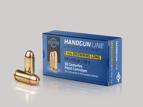 PPU Pistol Ammo 9mm, Browning Long, FMJ, 108gr 50 Rnds