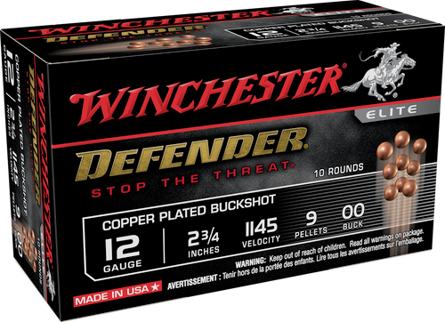 Winchester Defender Copper Plated Shotgun Ammo 12 GA, 2-3/4", 00 Buck, 9 Pellet, 1145 fps, 10 Rnds