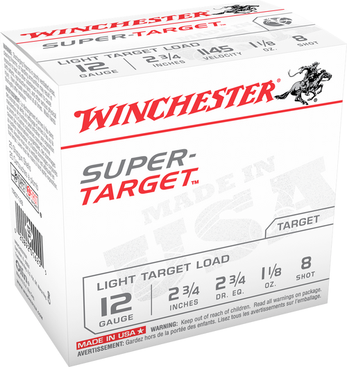 Winchester Super-Target Shotshell 12 GA, 2-3/4 in, No. 8 Shot, 1-1/8oz, 2-3/4 Dr, 1145 fps, 25 Rnds