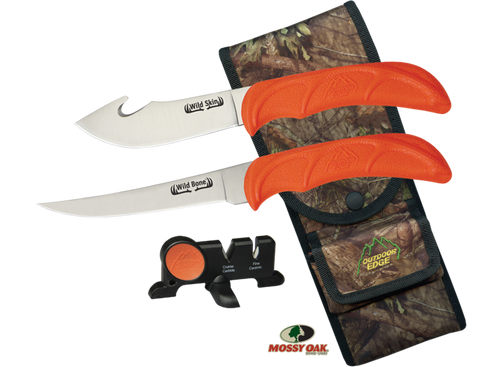 Outdoor Edge Wild-Bone 4" Skinner and 5" Boning Fixed Blade Knives, Orange TPR Handles, Mossy Oak Nylon Sheath