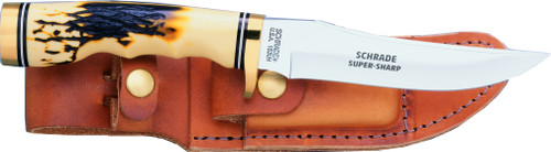 Uncle Henry Golden Spike Rat Tail Tang Fixed Blade Knife, 5" Clip Point Blade, Staglon Handle, Leather Sheath w/Sharpener