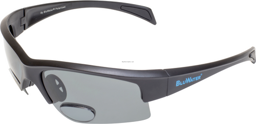 Bluwater Bifocal 2 Polarized Bifocal Sunglasses, 2.5 Magnification, Matte Black Frame/ Gray Lenses