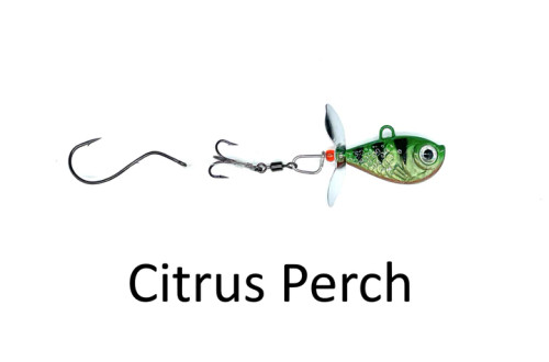 Walleye Nation Creations Death Jig Rigs, 1/4 Oz, Single Prop Blade Jig Rig, 17lb Mono, Treble/Single Hook combo, Citrus Perch