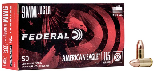 Federal American Eagle Pistol Ammo 9mm Luger 115Gr, FMJ, 50 Rounds