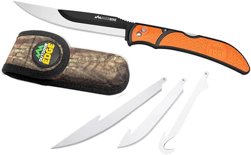 Outdoor Edge RBB-20C RazorBone Orange Folding Replacement Blade Knife with 6 Blades and Camo Sheath Blister Package