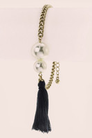 Double Pearl Silk Tassel Chain Bracelet - Gold / Black