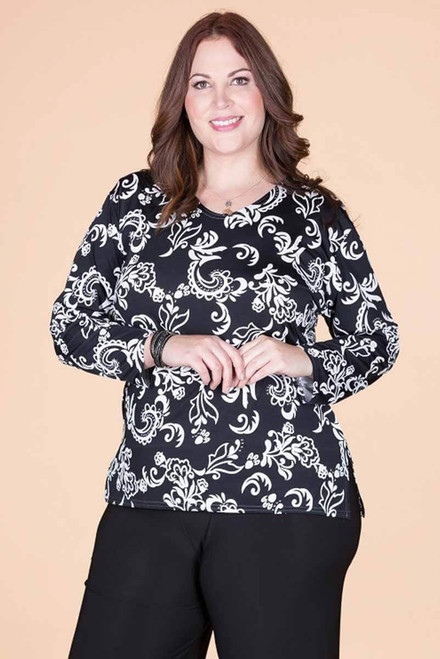 At Your Leisure Side Slit Top - Black Embossed Floral Print