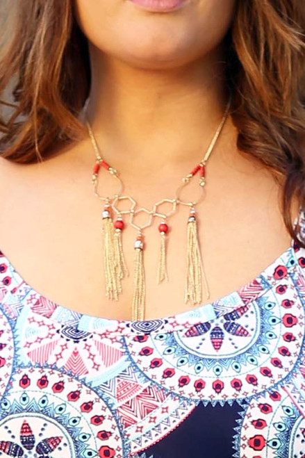 Iconic Beaded Multi Tassel Statement Necklace - Coral