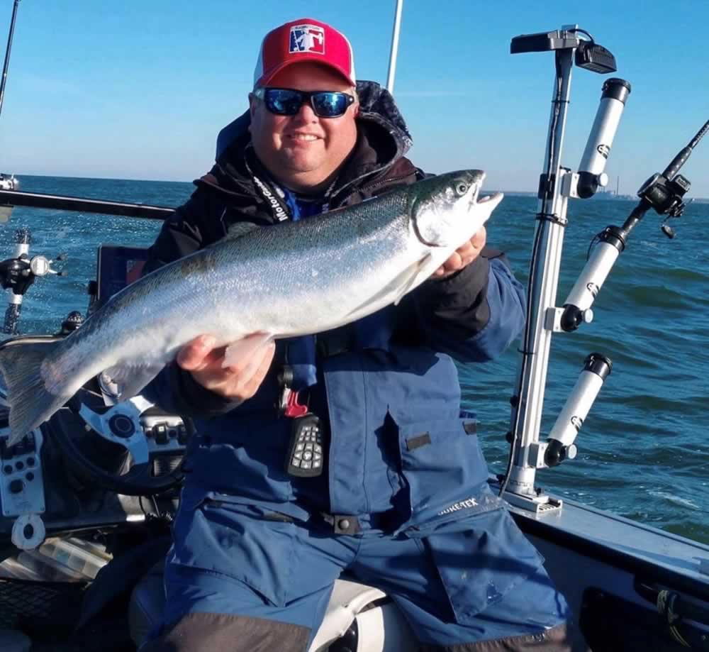 Hooked up Steelhead Trout in Lake Erie