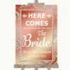 Coral Pink Here Comes Bride Aisle Sign Personalised Wedding Sign