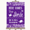 Purple Burlap & Lace Here Comes Bride Aisle Sign Personalised Wedding Sign