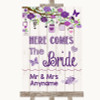 Purple Rustic Wood Here Comes Bride Aisle Sign Personalised Wedding Sign