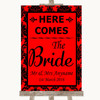 Red Damask Here Comes Bride Aisle Sign Personalised Wedding Sign