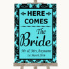 Tiffany Blue Damask Here Comes Bride Aisle Sign Personalised Wedding Sign