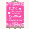 Bright Pink Burlap & Lace Take A Moment To Sign Our Guest Book Wedding Sign